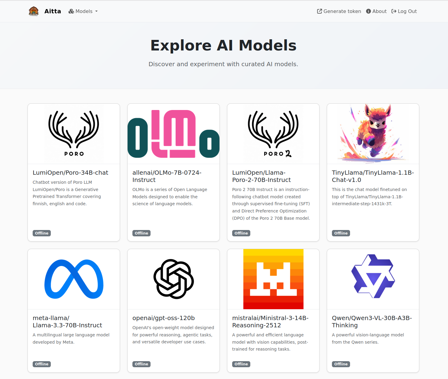 The Aitta model page displays the avialable model names and icons in a tiled view.