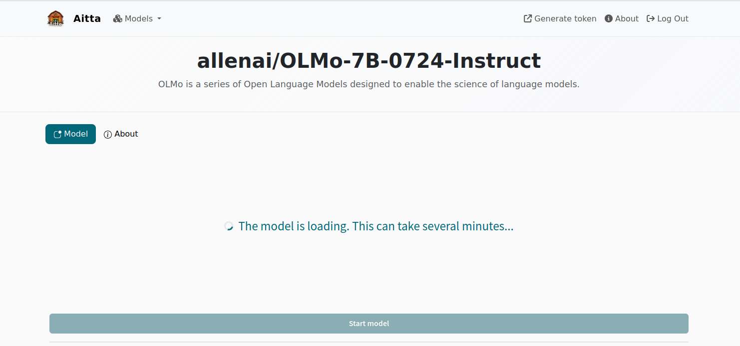 While a model is loading the web frontend displays the message "The model is loading. This can take several minutes...".