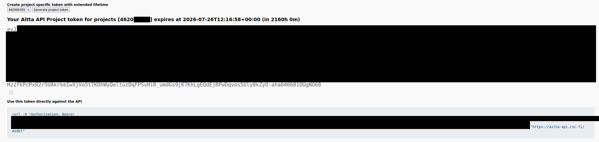 The project-specific access token is displayed after the "Generate project token button was pressed.